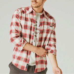 ✨Lucky Brand Twill Western Red and White Plaid Shirt XXL Pearl Snap Barn Fall
